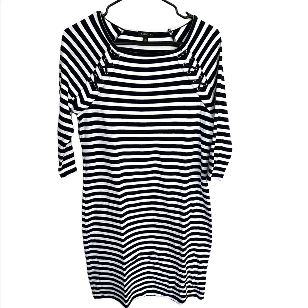 Talbots Nautical Cotton Navy White Stripe Dress S